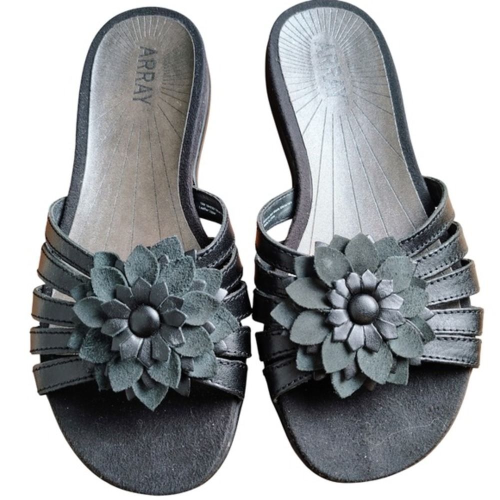 Array Womens Black Leather Floral Slide Sandals Wedge Heel‎ 10M summer fun